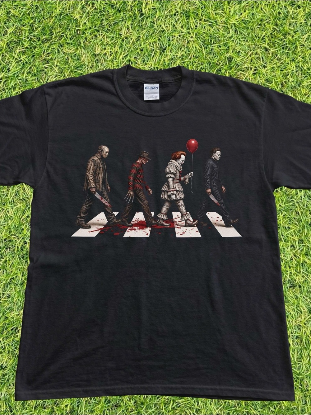 Gildan Black Men’s Tee with Horror Characters Crossing Graphic